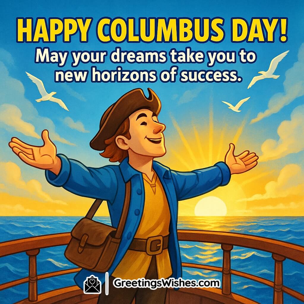 Happy Columbus Day image featuring a joyful explorer on a ship’s deck facing a golden sunrise with seagulls flying over the sea, symbolizing new horizons and success.