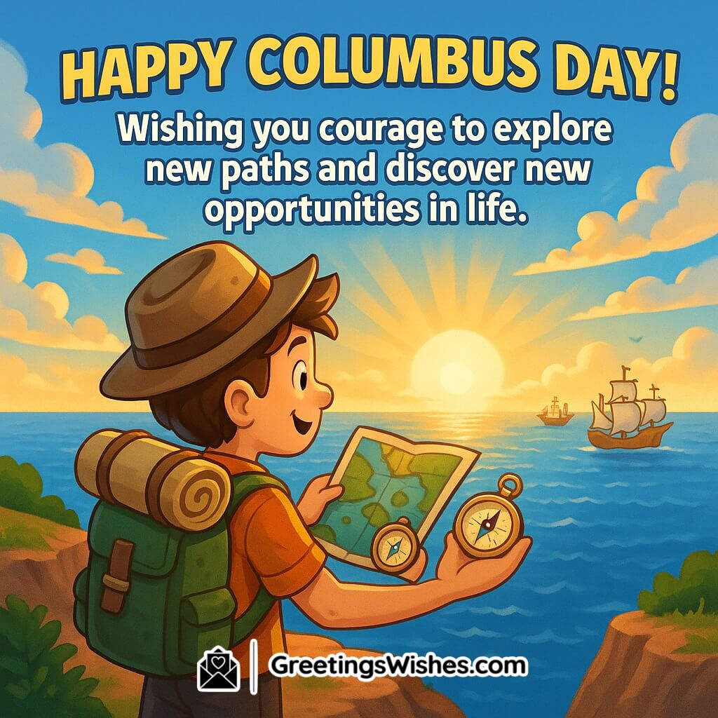 Happy Columbus Day image featuring a young explorer standing on a sunrise cliff holding a map and compass, gazing toward ships over the ocean, symbolizing courage and discovery.
