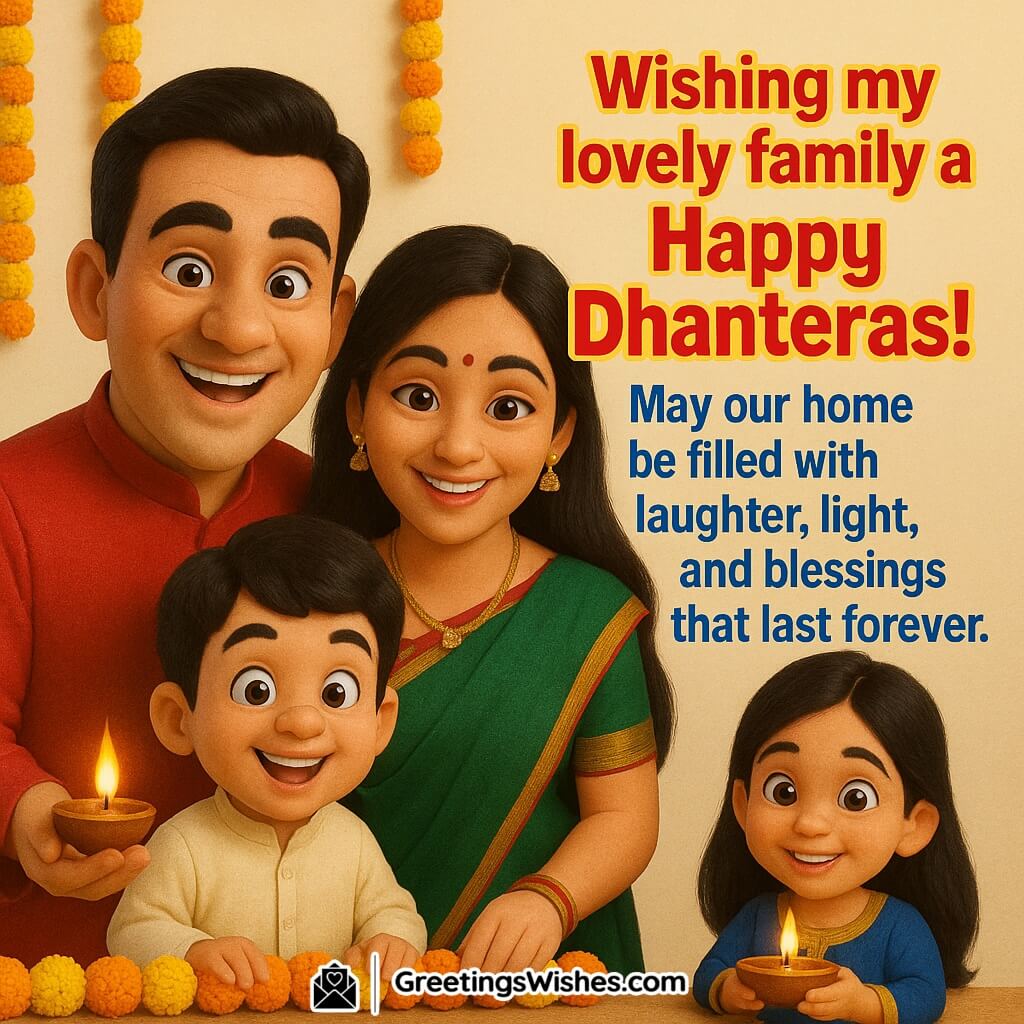 Happy Dhanteras image featuring a smiling family lighting diyas and decorating their home with marigold flowers, symbolizing love, laughter, and festive blessings.