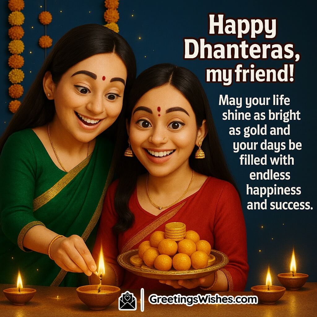 Happy Dhanteras image featuring two friends celebrating with diyas, sweets, and gold coins surrounded by marigold decorations, symbolizing joy, success, and prosperity.
