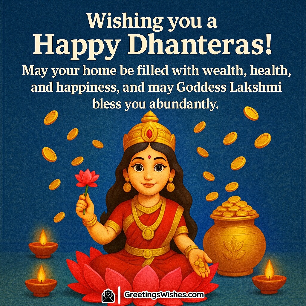 Happy Dhanteras image featuring Goddess Lakshmi seated on a lotus surrounded by gold coins, kalash, and glowing diyas, symbolizing wealth, health, and abundant blessings.