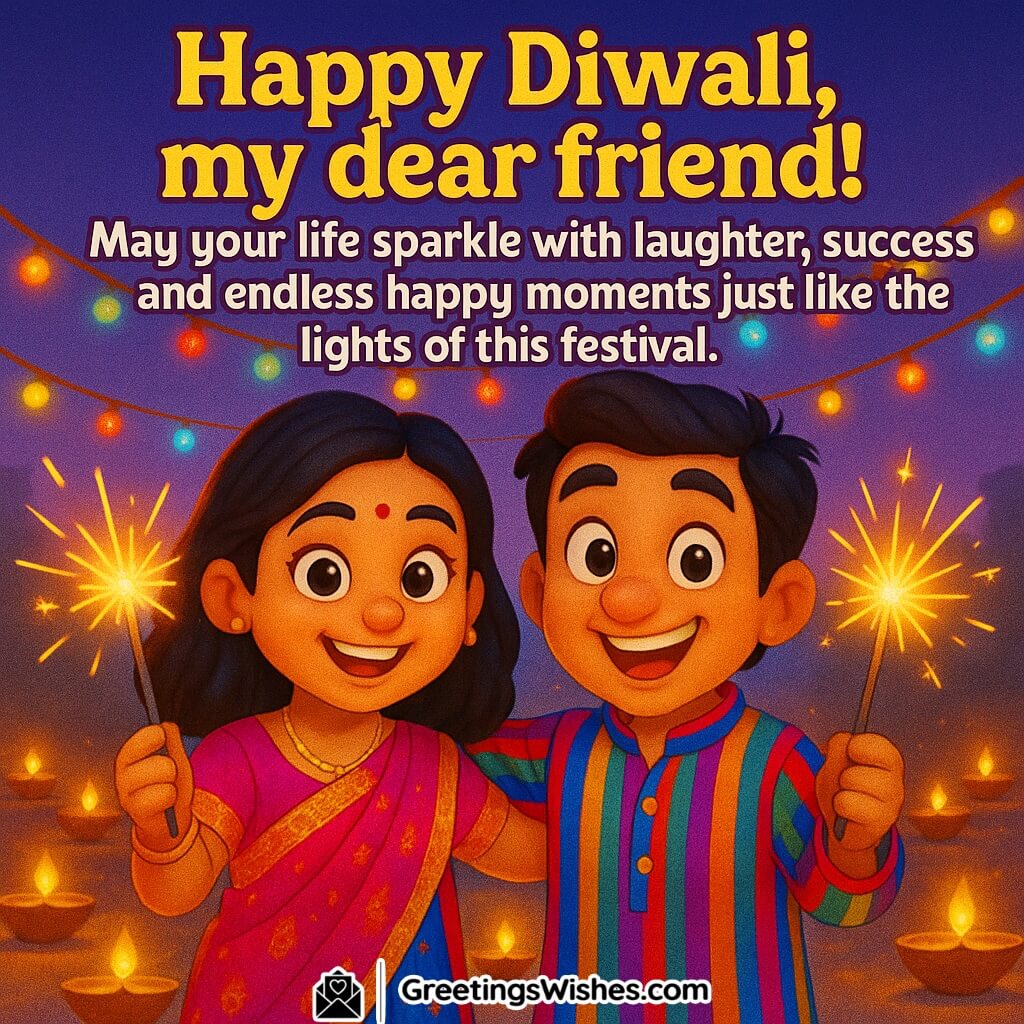 Happy Diwali image featuring friends celebrating with diyas and sparklers under colorful lights, symbolizing friendship, laughter, and festive happiness.