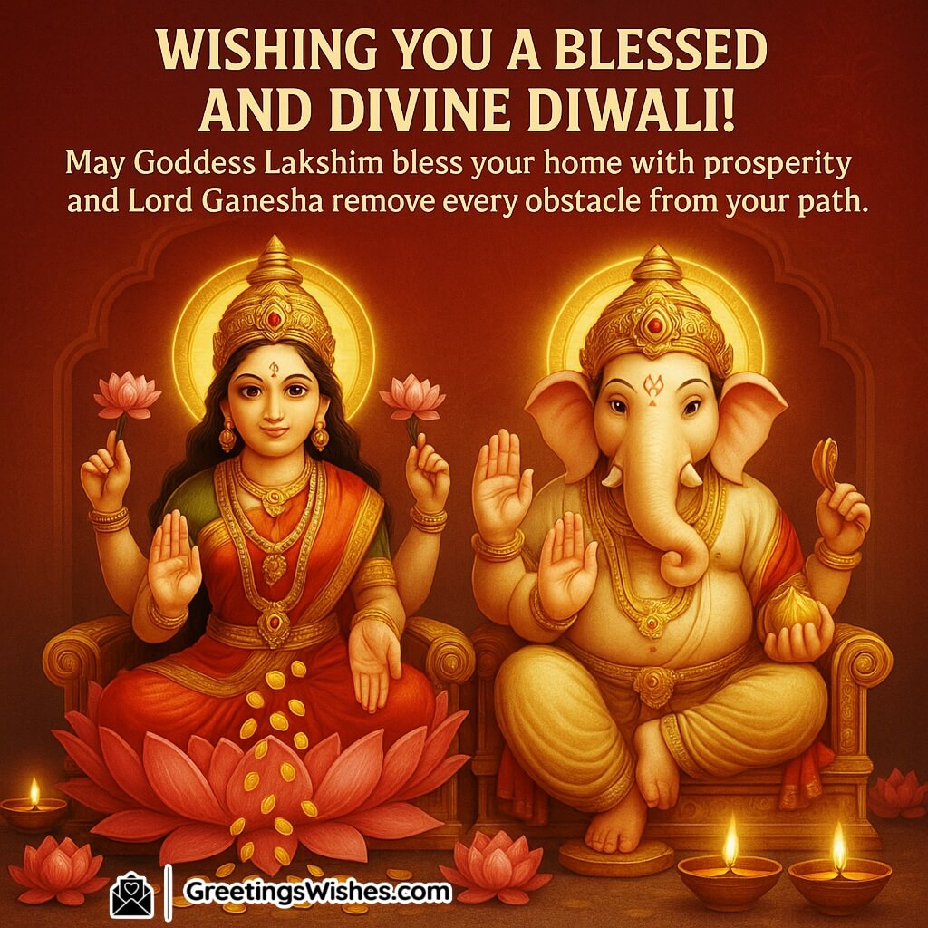 Happy Diwali image featuring Goddess Lakshmi seated on a lotus showering gold coins and Lord Ganesha holding a modak beside her, surrounded by glowing diyas and lotus flowers, symbolizing divine blessings and prosperity.