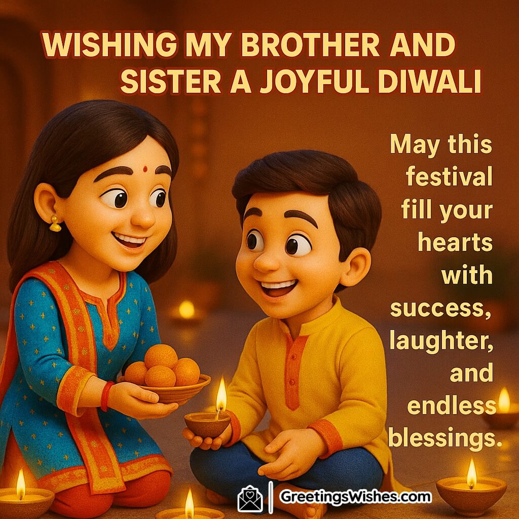 Happy Diwali image featuring a brother and sister exchanging sweets and lighting diyas in a festive courtyard, symbolizing love, joy, and togetherness.
