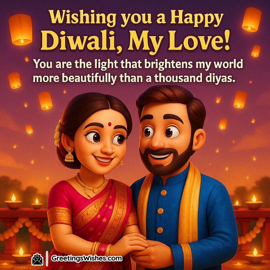Happy Diwali image featuring a couple standing on a terrace surrounded by glowing diyas and lanterns under a festive night sky, symbolizing love and light.