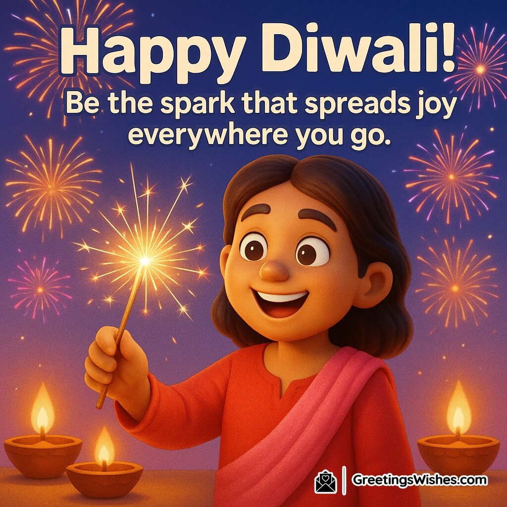 Happy Diwali image featuring a cheerful person lighting a sparkler under a night sky with fireworks and glowing diyas, symbolizing joy, positivity, and festive celebration.