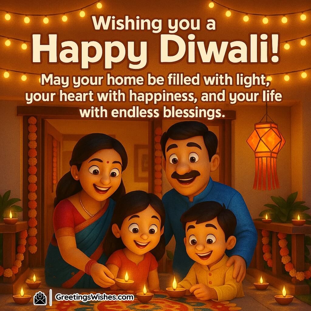 Happy Diwali image featuring a family lighting diyas in front of a decorated home with rangoli and lanterns, symbolizing happiness, light, and blessings.