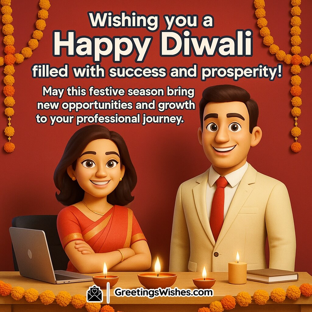 Happy Diwali image featuring professionals celebrating in a decorated office with diyas and marigold garlands, symbolizing success, prosperity, and new opportunities in work and life.