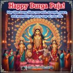 Happy Durga Puja image featuring Maa Durga idol with multiple arms holding divine weapons, surrounded by devotees offering prayers and flowers, symbolizing strength, peace, and prosperity.