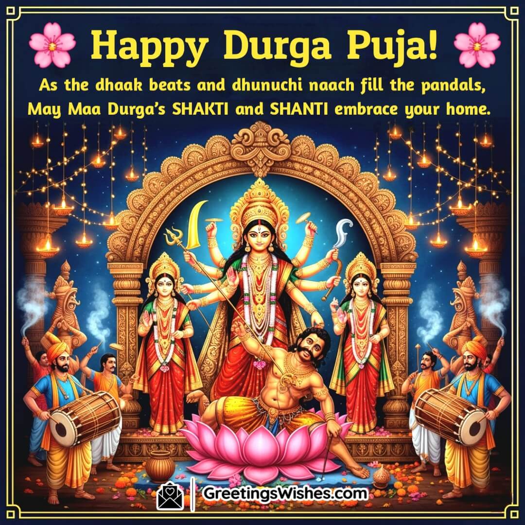 Happy Durga Puja Message image featuring Maa Durga slaying Mahishasura with devotees playing dhaak drums and performing dhunuchi dance, symbolizing divine strength, peace, and festive devotion.