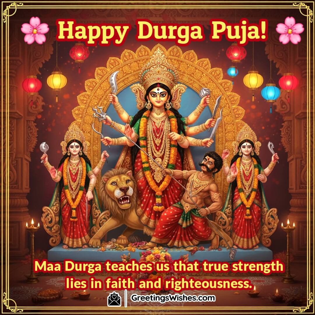 Happy Durga Puja Quote image featuring Maa Durga with her lion vanquishing Mahishasura, surrounded by divine attendants and glowing lanterns, symbolizing true strength, faith, and righteousness.