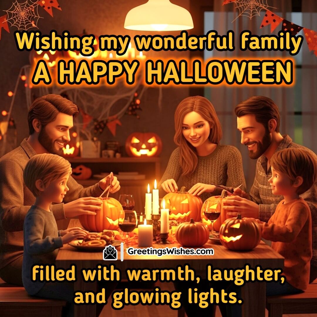 Happy Halloween Family Warmth and Laughter Wish Image featuring parents and children carving pumpkins and playing together in a colorful living room decorated with lights and cobwebs, symbolizing family joy, love, and celebration.