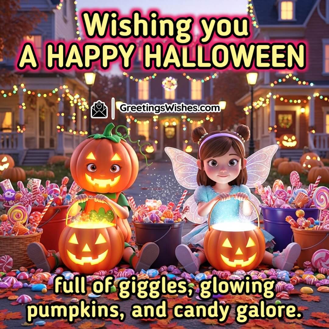 Happy Halloween Giggles and Candy Galore Wish Image featuring two excited kids surrounded by colorful candy buckets, chocolates, and glowing pumpkins, symbolizing happiness, sweetness, and joyful energy.