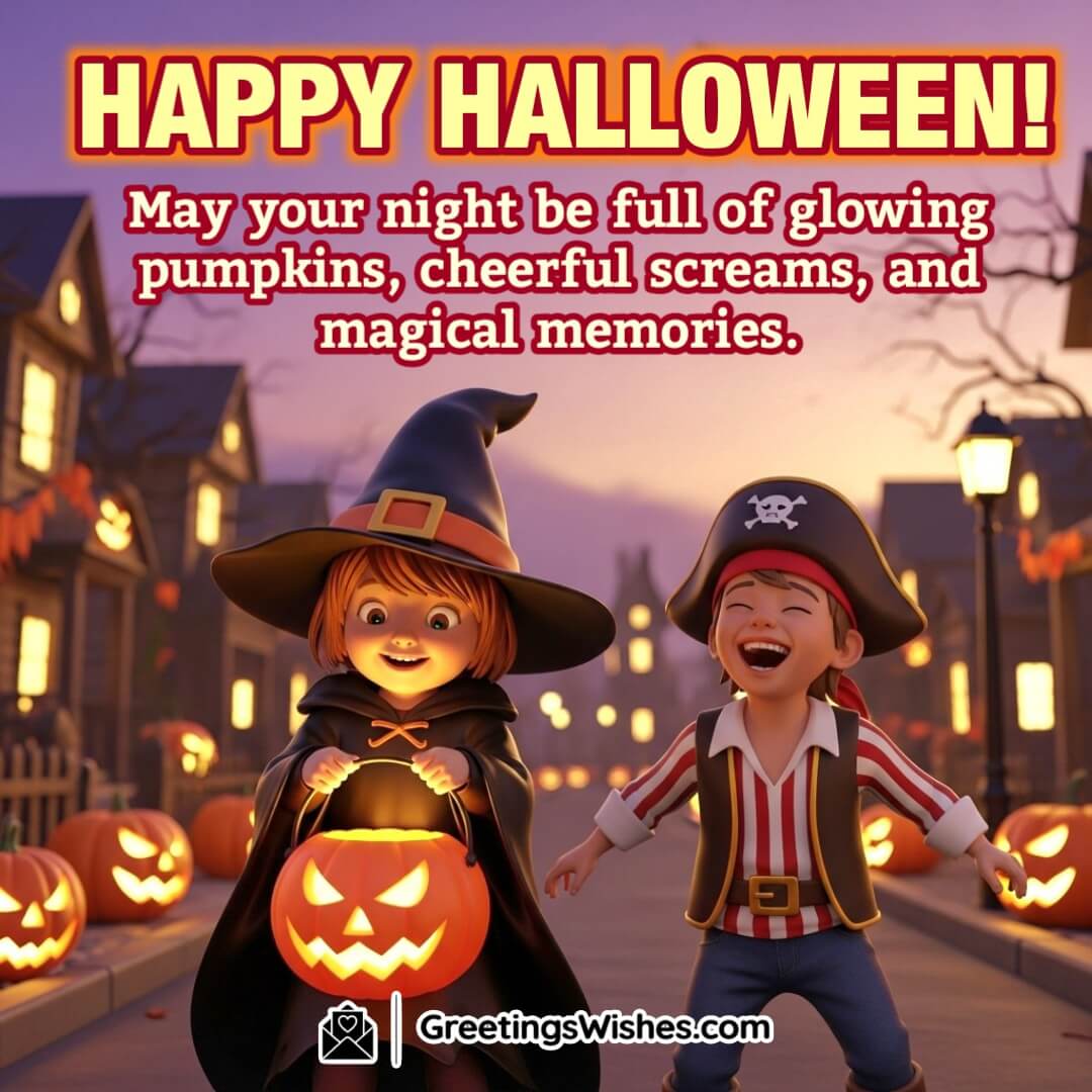 Happy Halloween Glowing Pumpkins and Magical Night Wish Image featuring two cheerful children in witch and pirate costumes holding bright pumpkin buckets on a festive street filled with lanterns and carved pumpkins, symbolizing a joyful night of fun and enchantment.