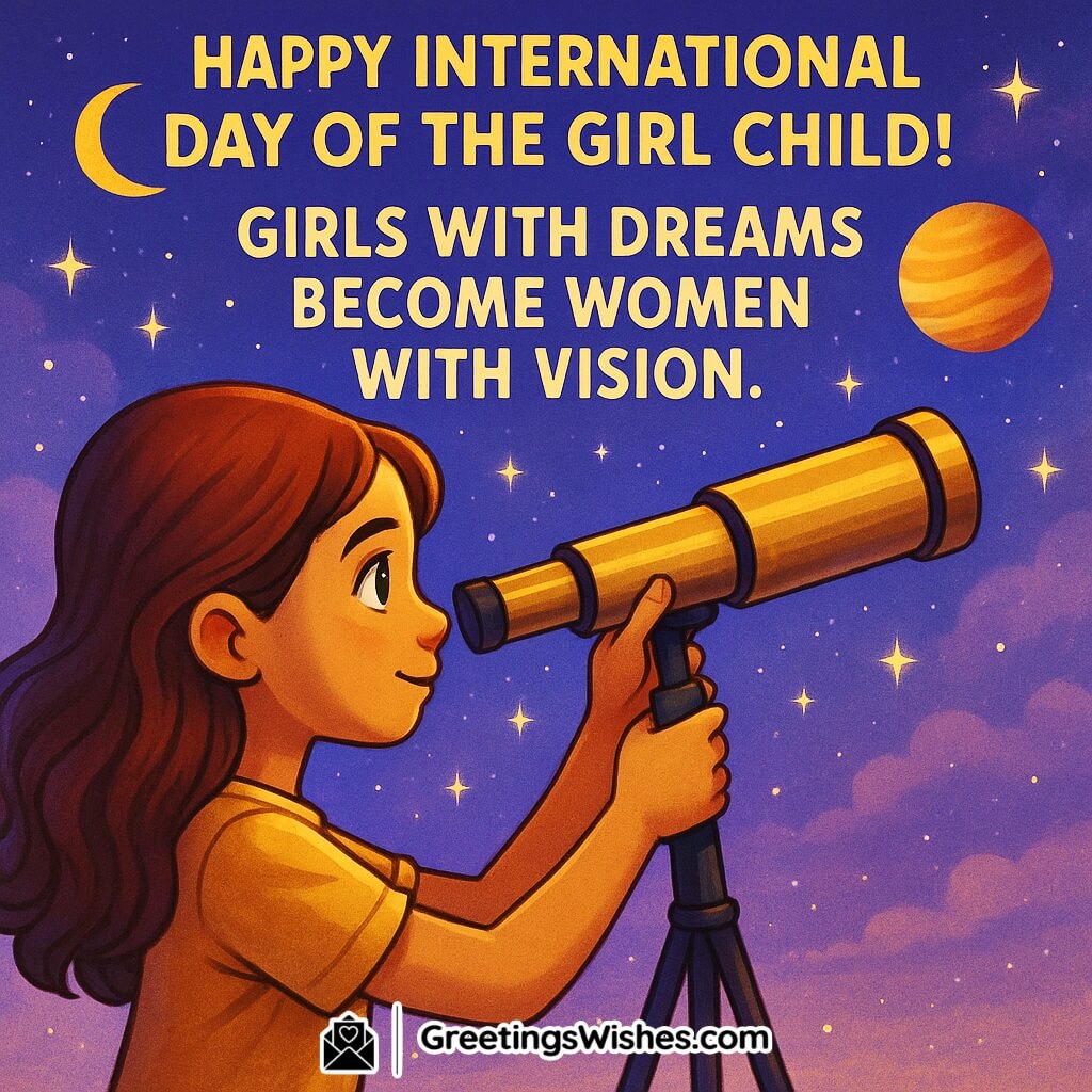 International Day of the Girl Child image featuring girl with telescope under starry sky, symbolizing dreams, vision, and ambition.