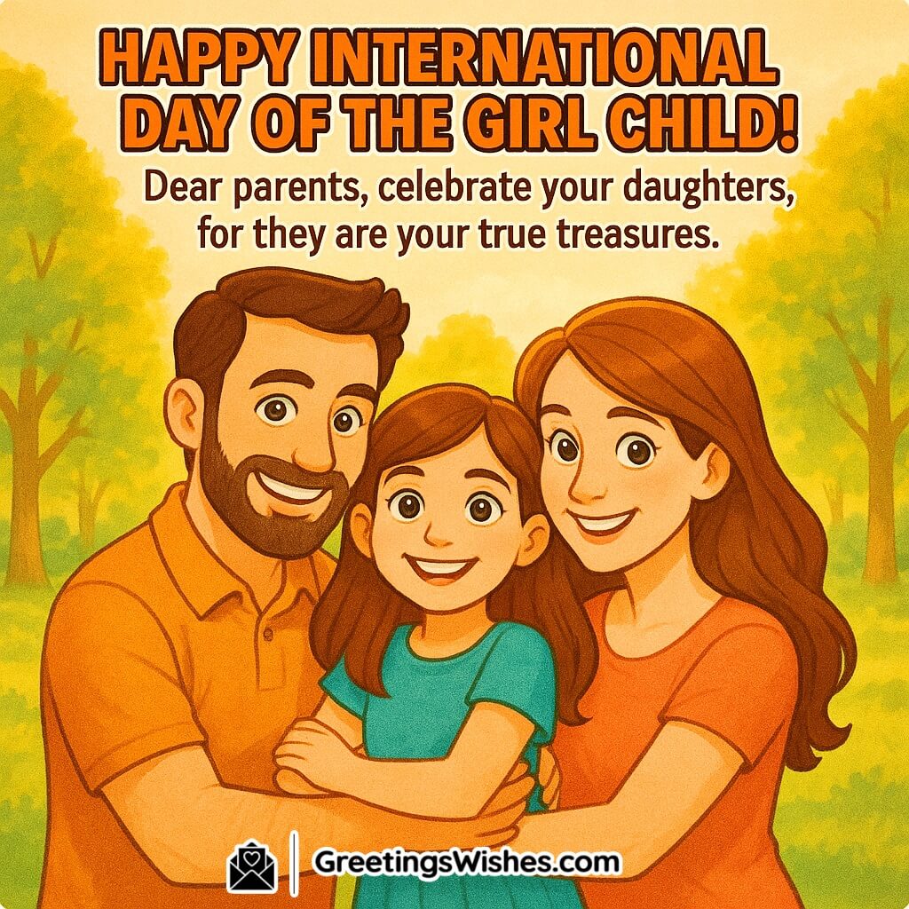 International Day of the Girl Child image featuring parents embracing daughter in warm light, symbolizing love, celebration, and family joy.