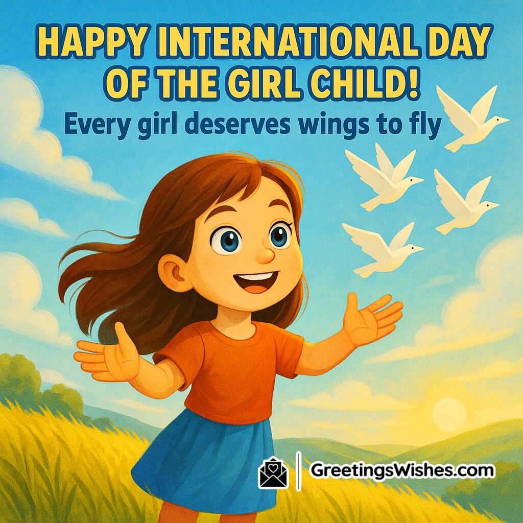 International Day of the Girl Child image featuring girl releasing paper birds into sky, symbolizing freedom, dreams, and empowerment.