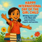 International Day of the Girl Child image featuring confident girl with books and flowers under bright sky, symbolizing opportunity and success.