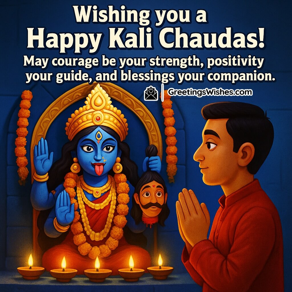 Kali Chaudas image featuring a devotee praying before Goddess Kali surrounded by diyas and garlands in a temple setting, symbolizing courage, devotion, and divine blessings.