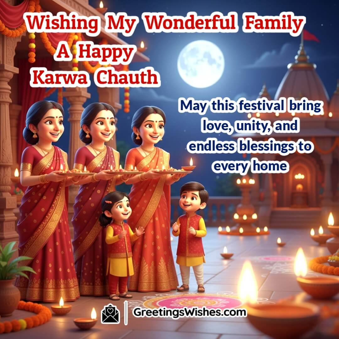 Karwa Chauth image featuring family celebrating with diyas and thalis, symbolizing unity, blessings, and festive joy.