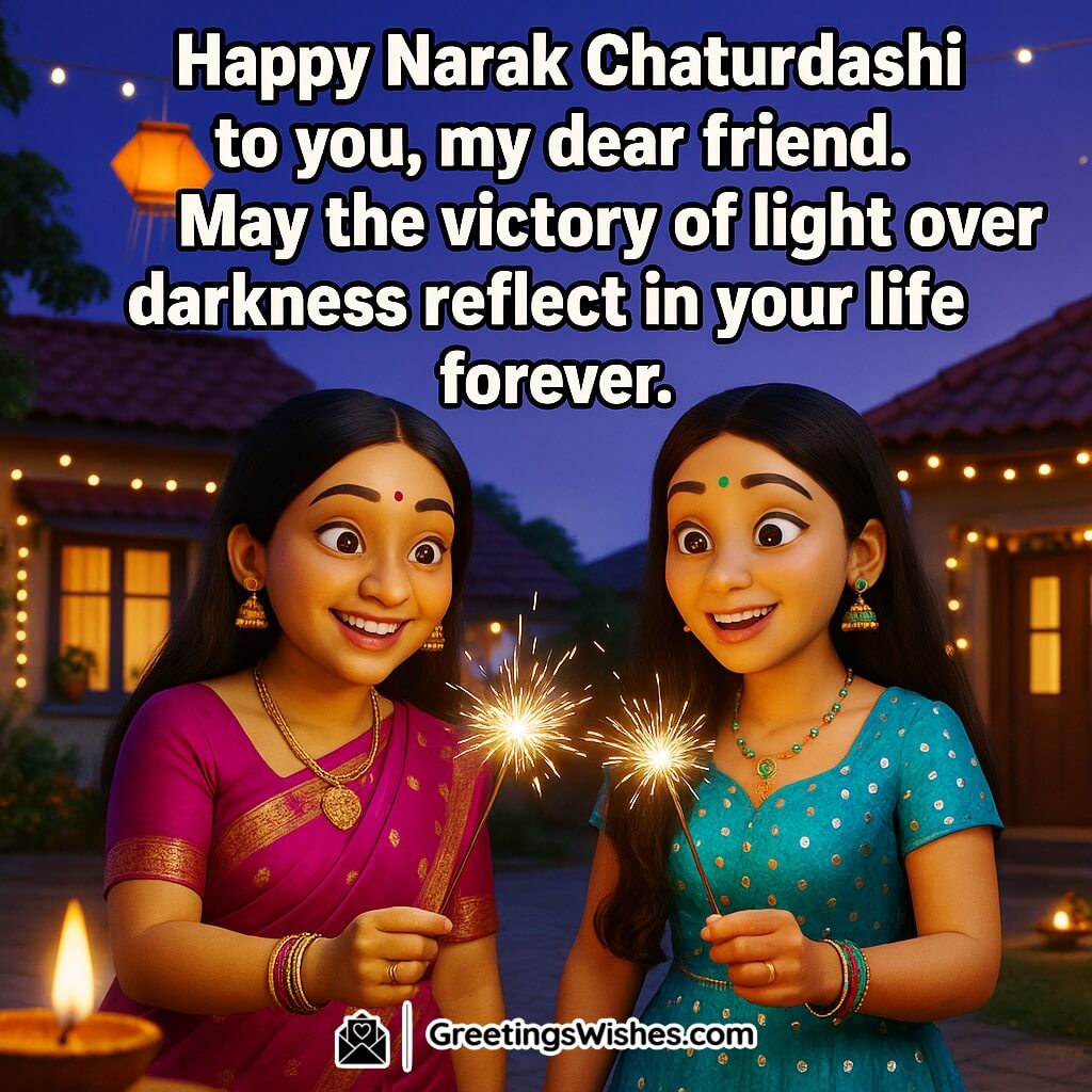 Narak Chaturdashi image featuring two friends lighting sparklers outside their homes with diyas and fairy lights around, symbolizing friendship, joy, and victory of light.