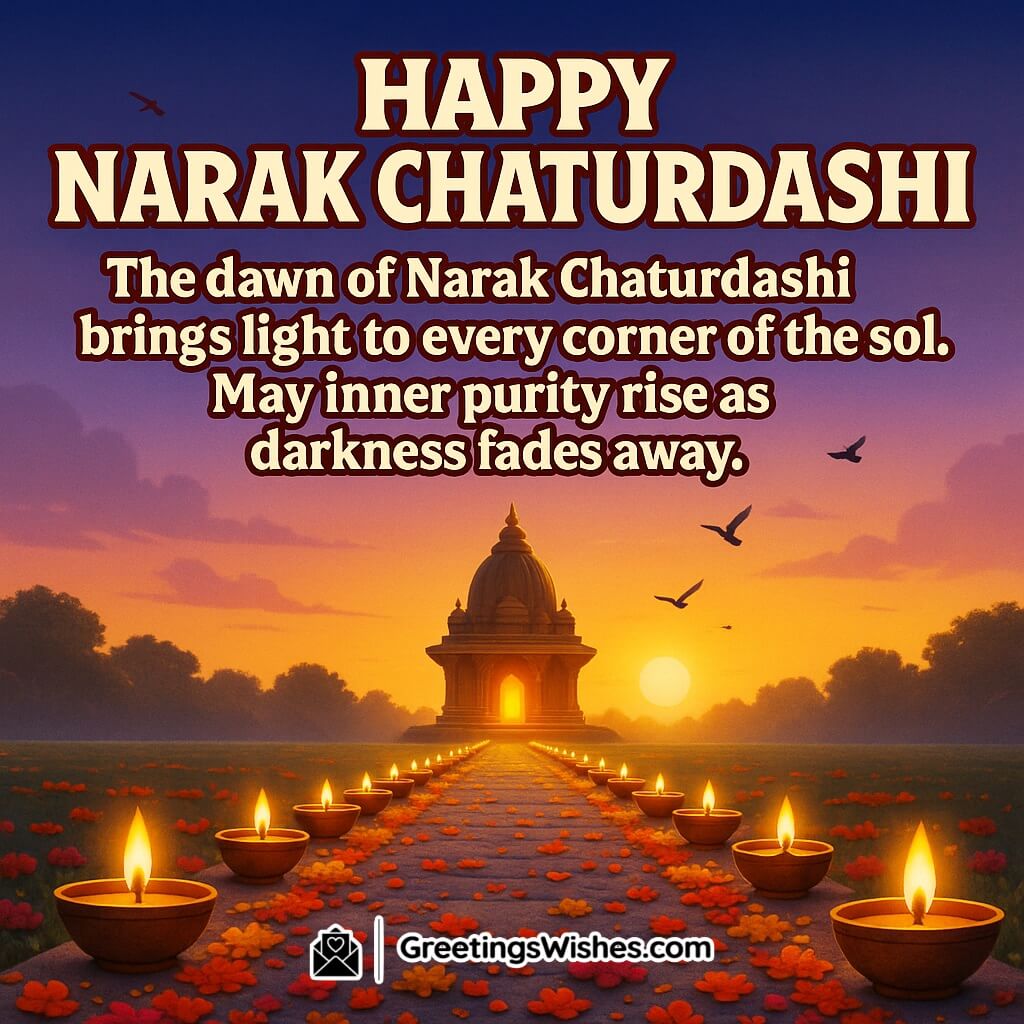 Narak Chaturdashi image featuring a glowing pathway of diyas and flower petals leading to a temple at sunrise, symbolizing inner purity and spiritual awakening.