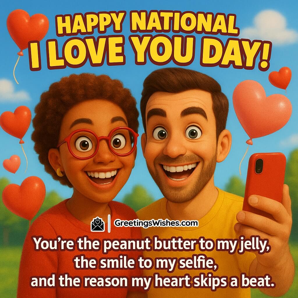 Happy National I Love You Day image featuring a playful couple laughing together while taking a selfie surrounded by floating hearts and balloons in bright cheerful colors, symbolizing fun and romantic connection.
