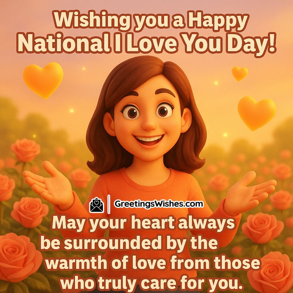 Happy National I Love You Day image featuring a joyful woman standing in a rose field surrounded by glowing hearts and sunlight, symbolizing warmth, affection, and genuine care.