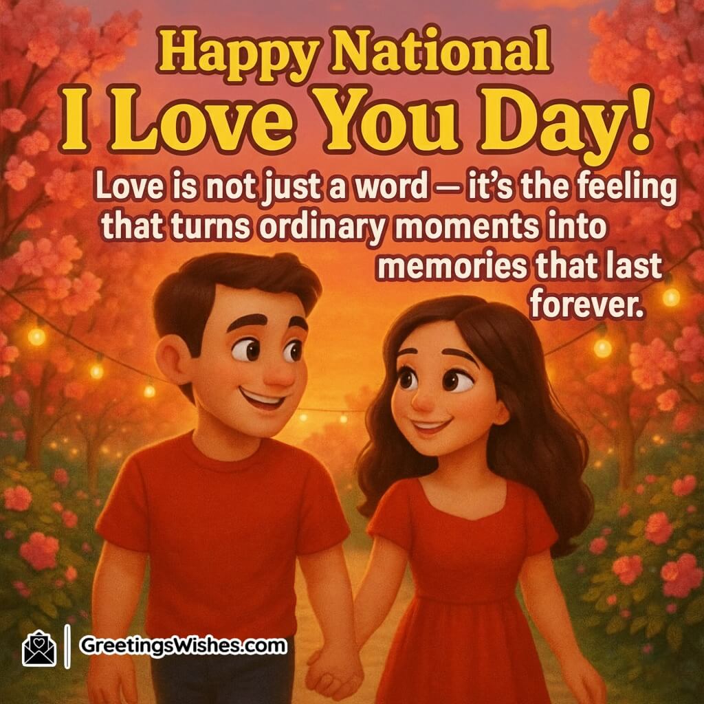 Happy National I Love You Day image featuring a couple holding hands and walking through a sunset garden filled with pink blossoms and glowing lights, symbolizing love that turns moments into forever memories.