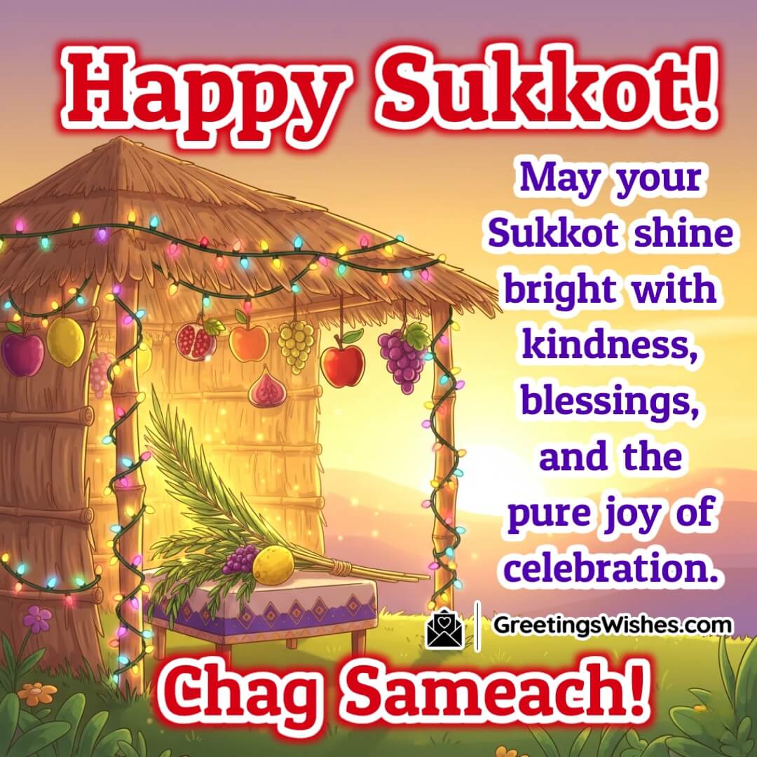 Happy Sukkot image featuring glowing sukkah under a golden sunset with Four Species and festive lights, symbolizing kindness and celebration.