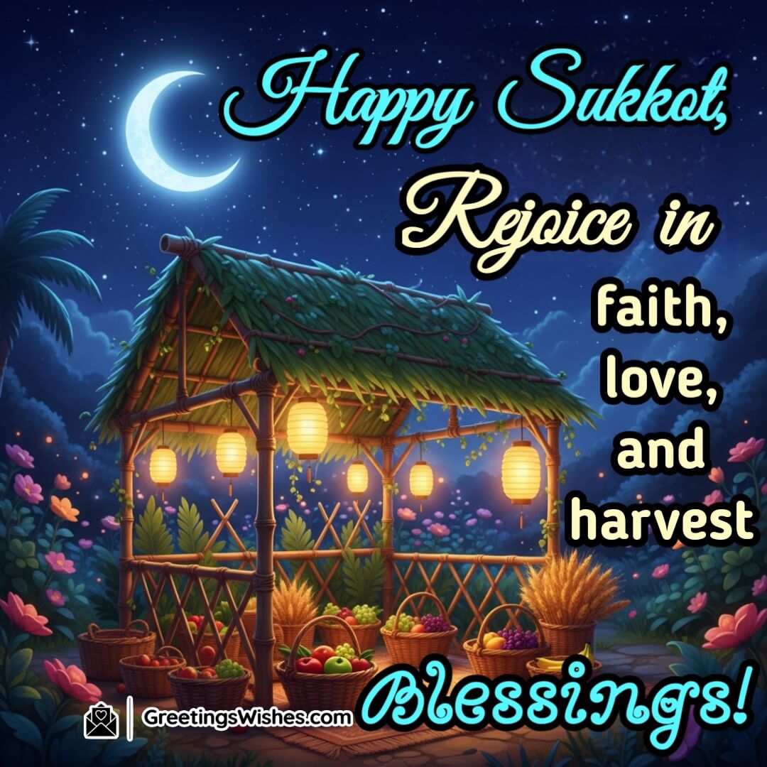 Happy Sukkot image featuring open-roof sukkah under moonlit sky with fruits and wheat, symbolizing faith, love, and harvest joy.