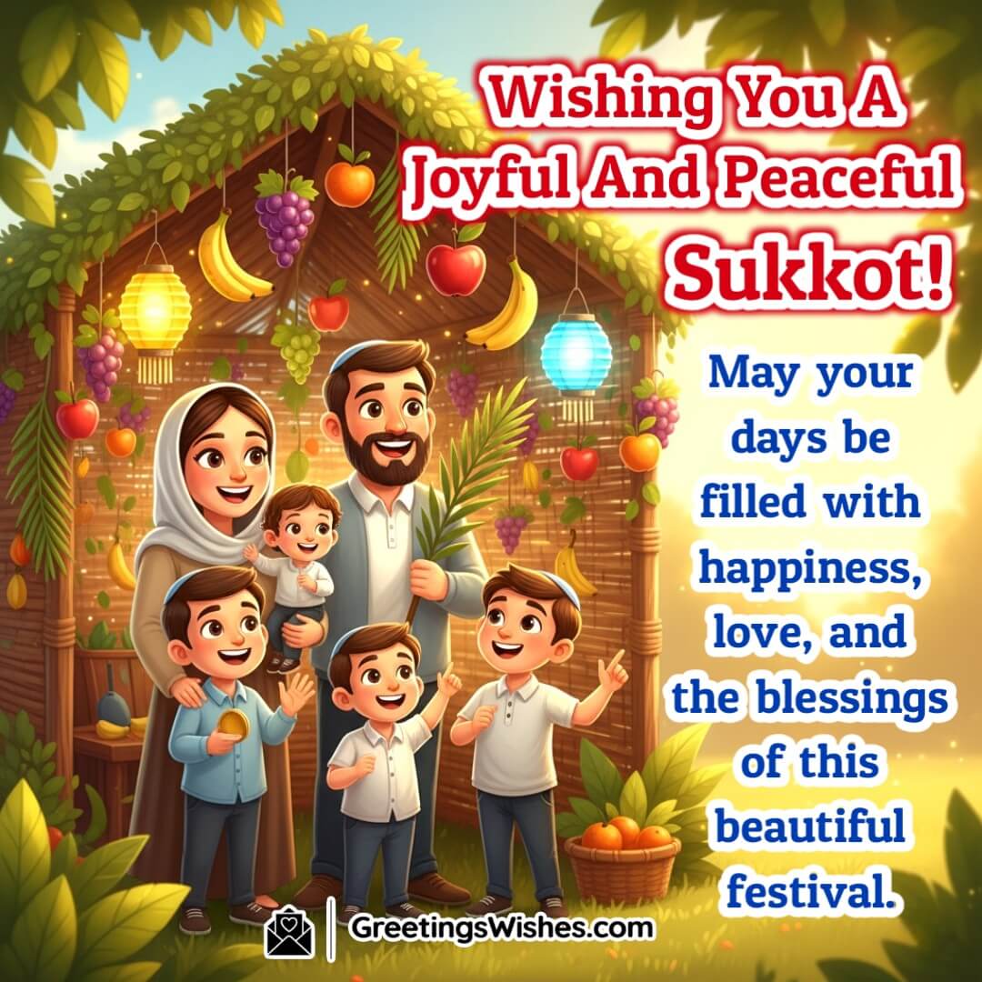 Sukkot image featuring family celebrating in a decorated sukkah with hanging fruits and lanterns, symbolizing joy, peace, and divine blessings.