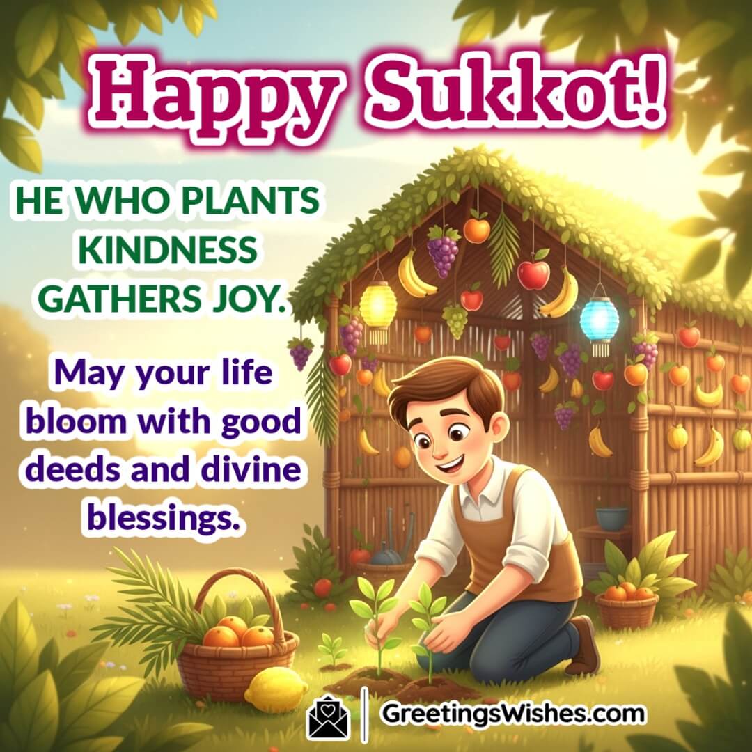 Sukkot image featuring hands planting saplings near sukkah with etrog and lulav, symbolizing kindness, joy, and fruitful deeds.