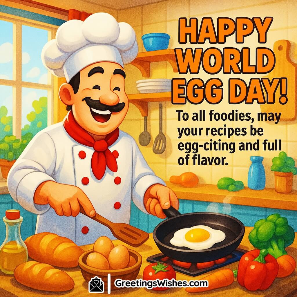 World Egg Day image featuring chef cooking eggs joyfully in a colorful kitchen, symbolizing creativity, fun, and delicious recipes.