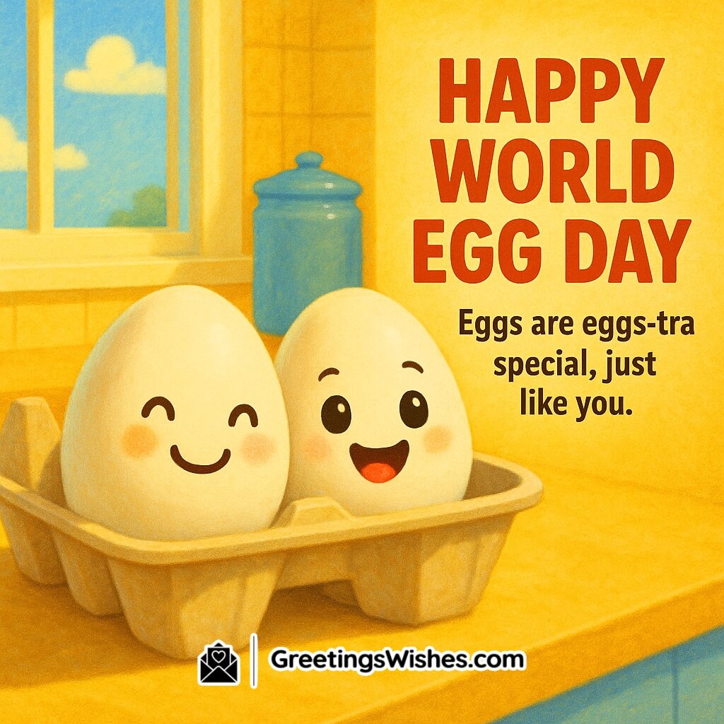 World Egg Day image featuring smiling cartoon eggs in carton on sunny counter, symbolizing fun, joy, and lighthearted celebration.