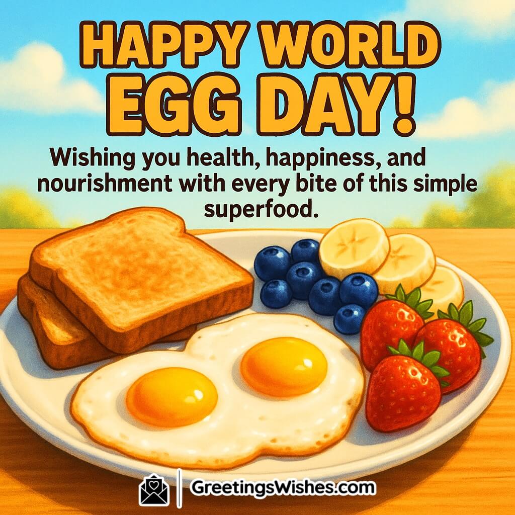 World Egg Day image featuring breakfast plate with eggs, toast, and fruits under warm sunlight, symbolizing health, happiness, and nourishment.