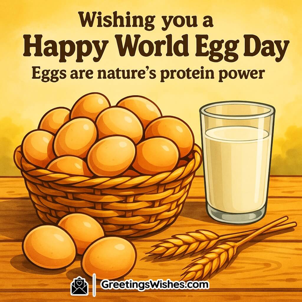 World Egg Day image featuring basket of fresh eggs with milk and wheat under sunlight, symbolizing nature’s protein and nourishment.