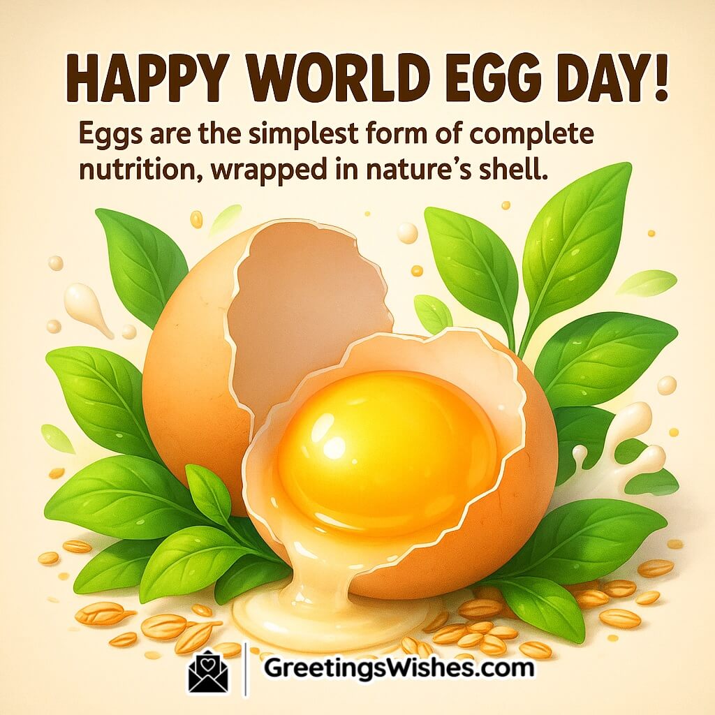 World Egg Day image featuring cracked egg with glowing yolk and natural ingredients, symbolizing complete nutrition and purity.