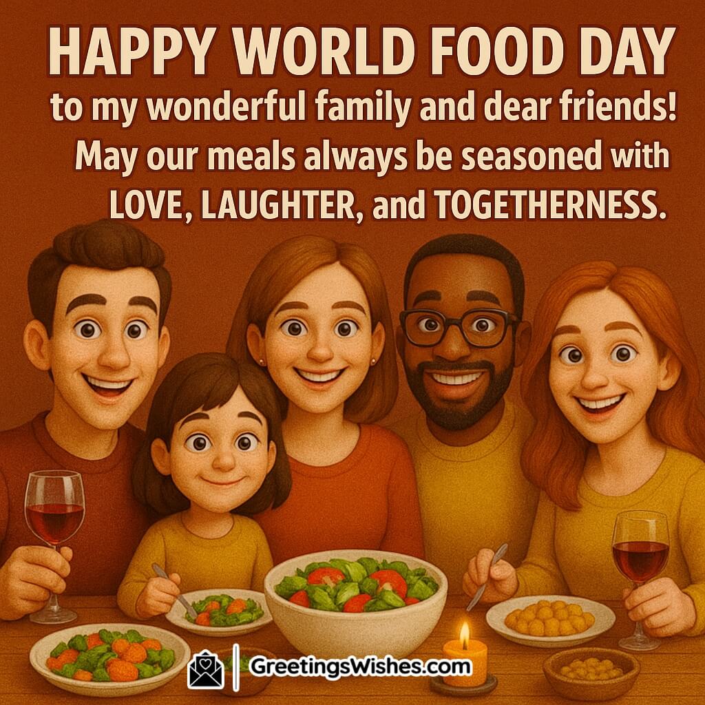 Happy World Food Day image featuring family and friends enjoying a festive meal together in a warm home, symbolizing love, laughter, and unity.