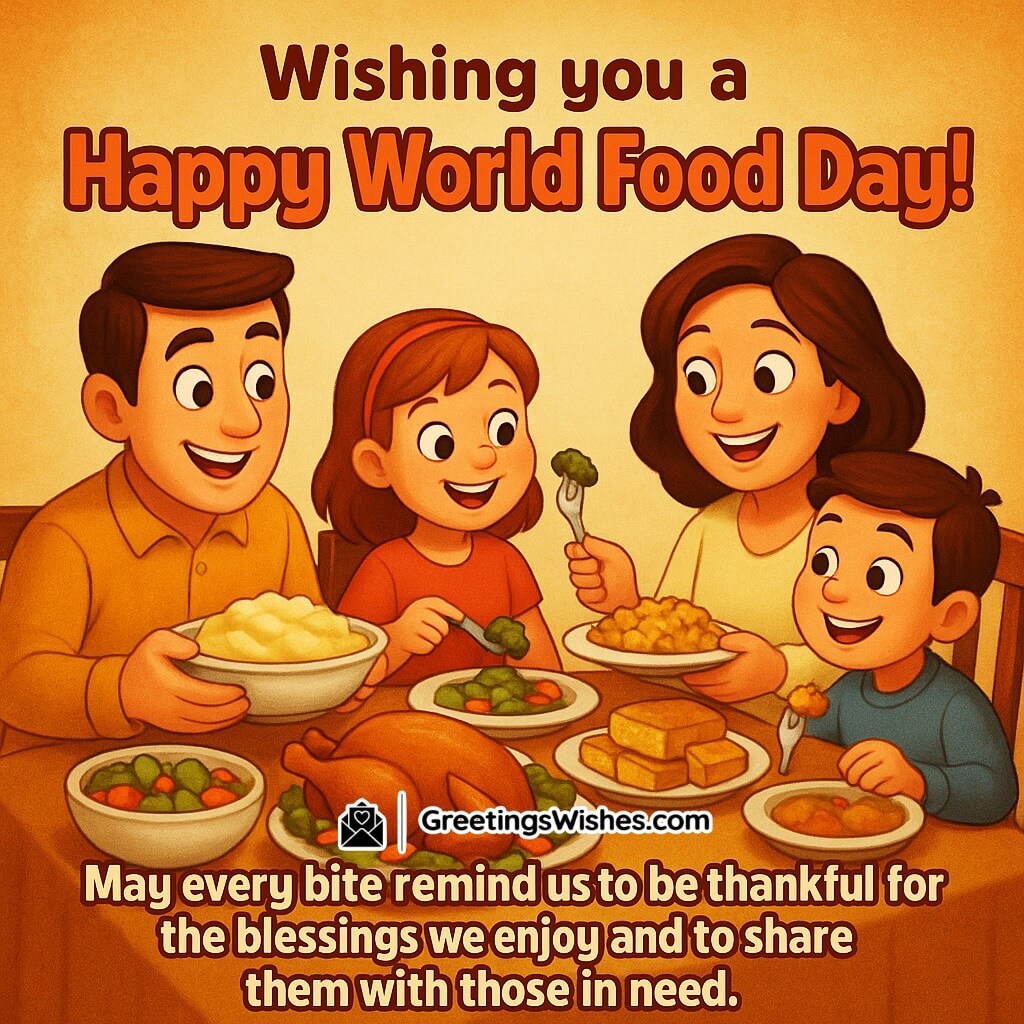Happy World Food Day image featuring a joyful family sharing a meal together around a dining table, symbolizing gratitude and the spirit of sharing.