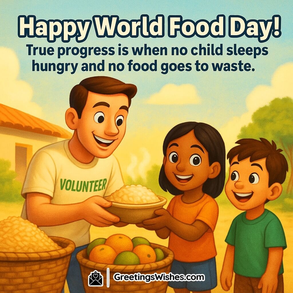 Happy World Food Day image featuring volunteers distributing food to smiling children outdoors, symbolizing compassion and the fight against hunger and food waste.