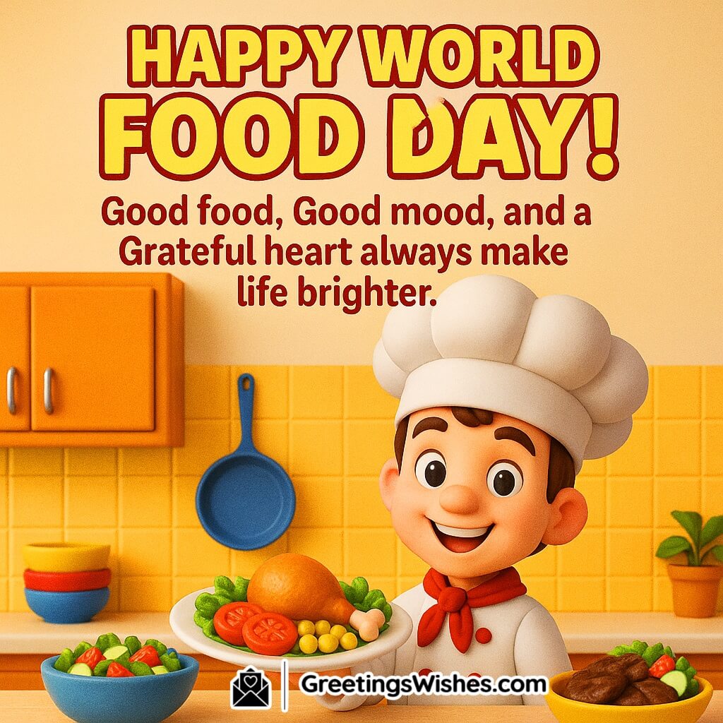 Happy World Food Day image featuring a cheerful chef presenting a plate of food in a bright kitchen, symbolizing good mood, gratitude, and the joy of cooking.