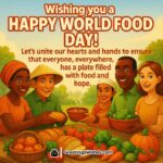 Happy World Food Day image featuring diverse people sharing food at a community table filled with fruits and bread, symbolizing unity, kindness, and hope.