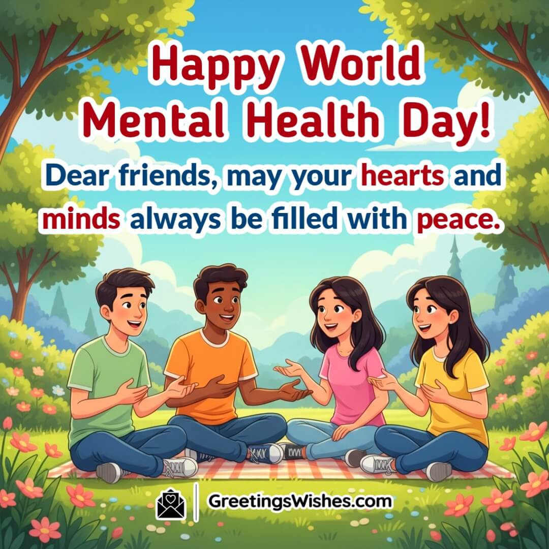 World Mental Health Day image featuring friends together in a peaceful park under blue sky, symbolizing harmony, friendship, and inner peace.