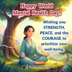 World Mental Health Day image featuring person meditating under sunrise in nature, symbolizing peace, strength, and self-care.