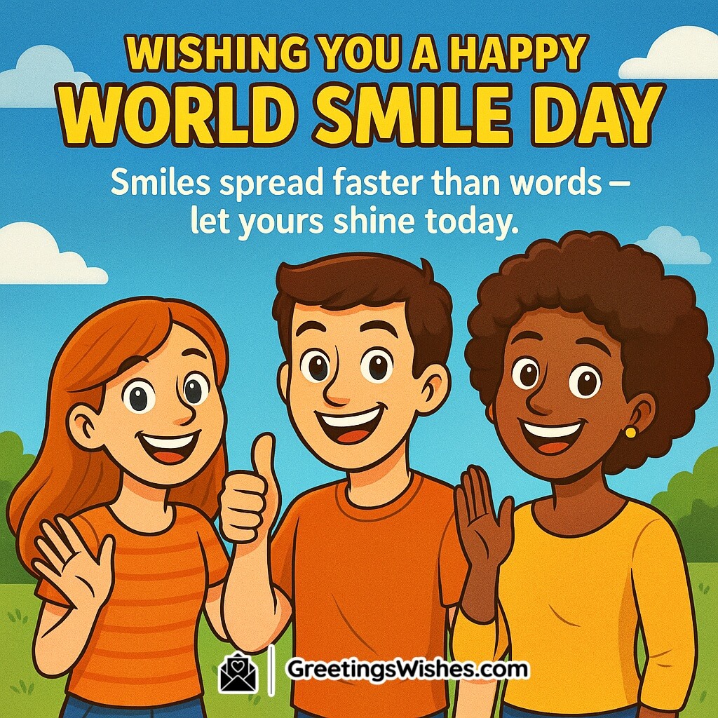 World Smile Day image featuring three cheerful characters smiling brightly in a sunny outdoor scene, symbolizing the joy and positivity that spreads faster than words.