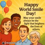 World Smile Day image featuring cheerful diverse characters smiling together in a bright outdoor setting, symbolizing joy, positivity, and the light of a smile.