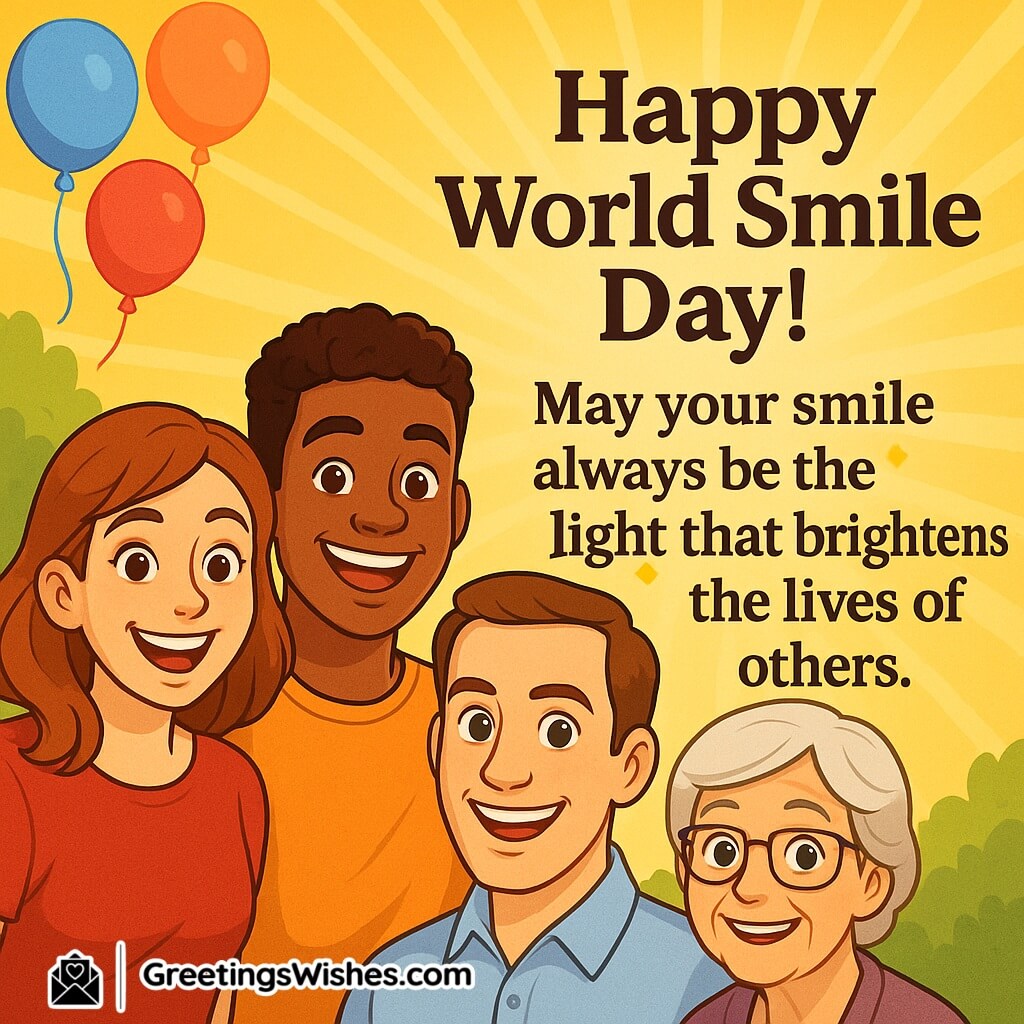 World Smile Day image featuring cheerful diverse characters smiling together in a bright outdoor setting, symbolizing joy, positivity, and the light of a smile.