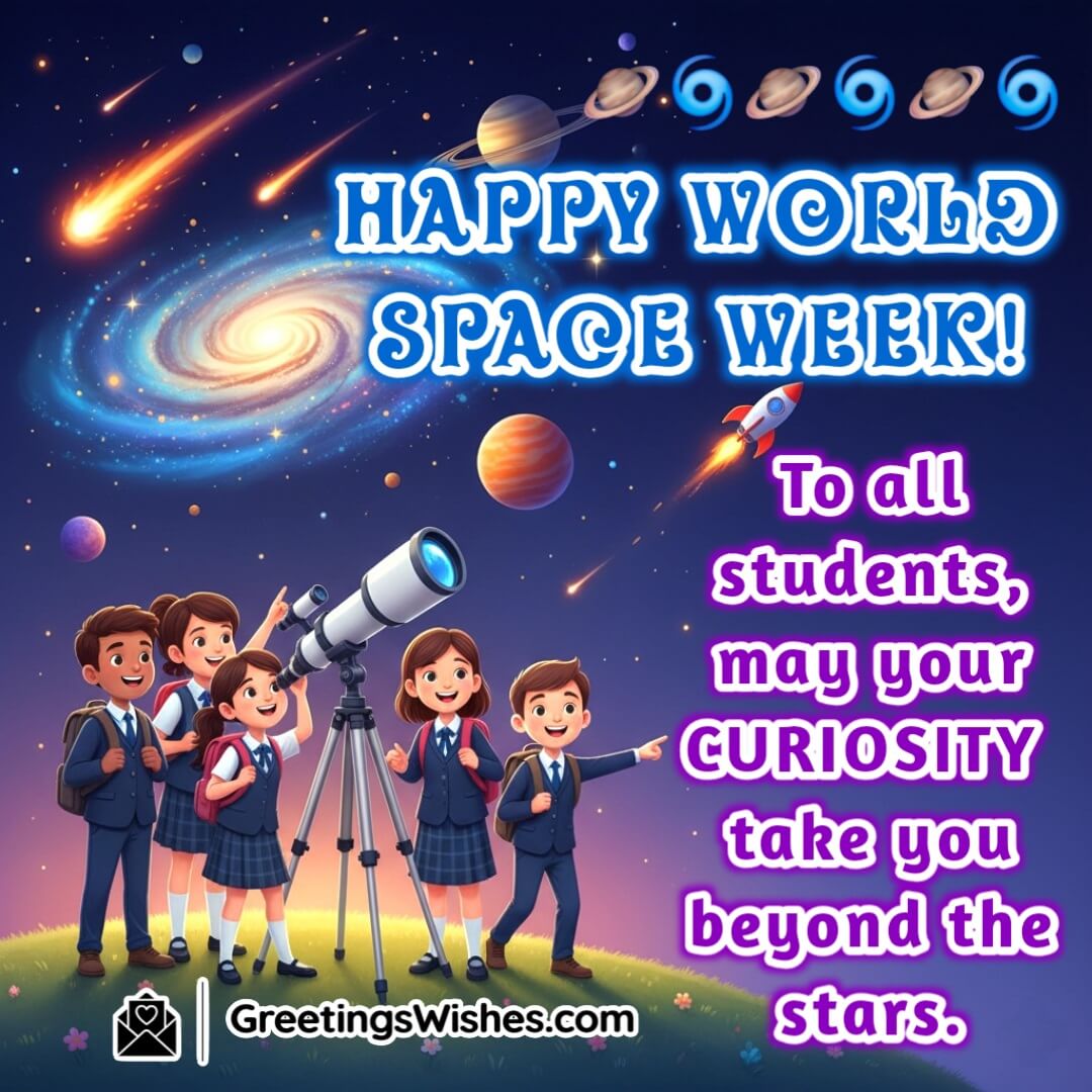 World Space Week image featuring students with telescope watching planets, rockets, and stars, symbolizing curiosity and learning beyond the stars.
