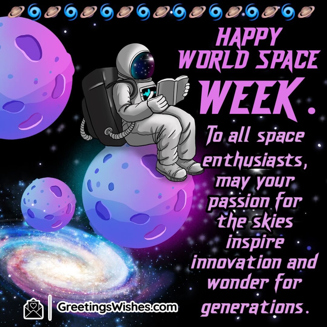 Happy World Space Week image featuring an astronaut sitting on colorful planets reading a book, symbolizing curiosity, inspiration, and exploration.
